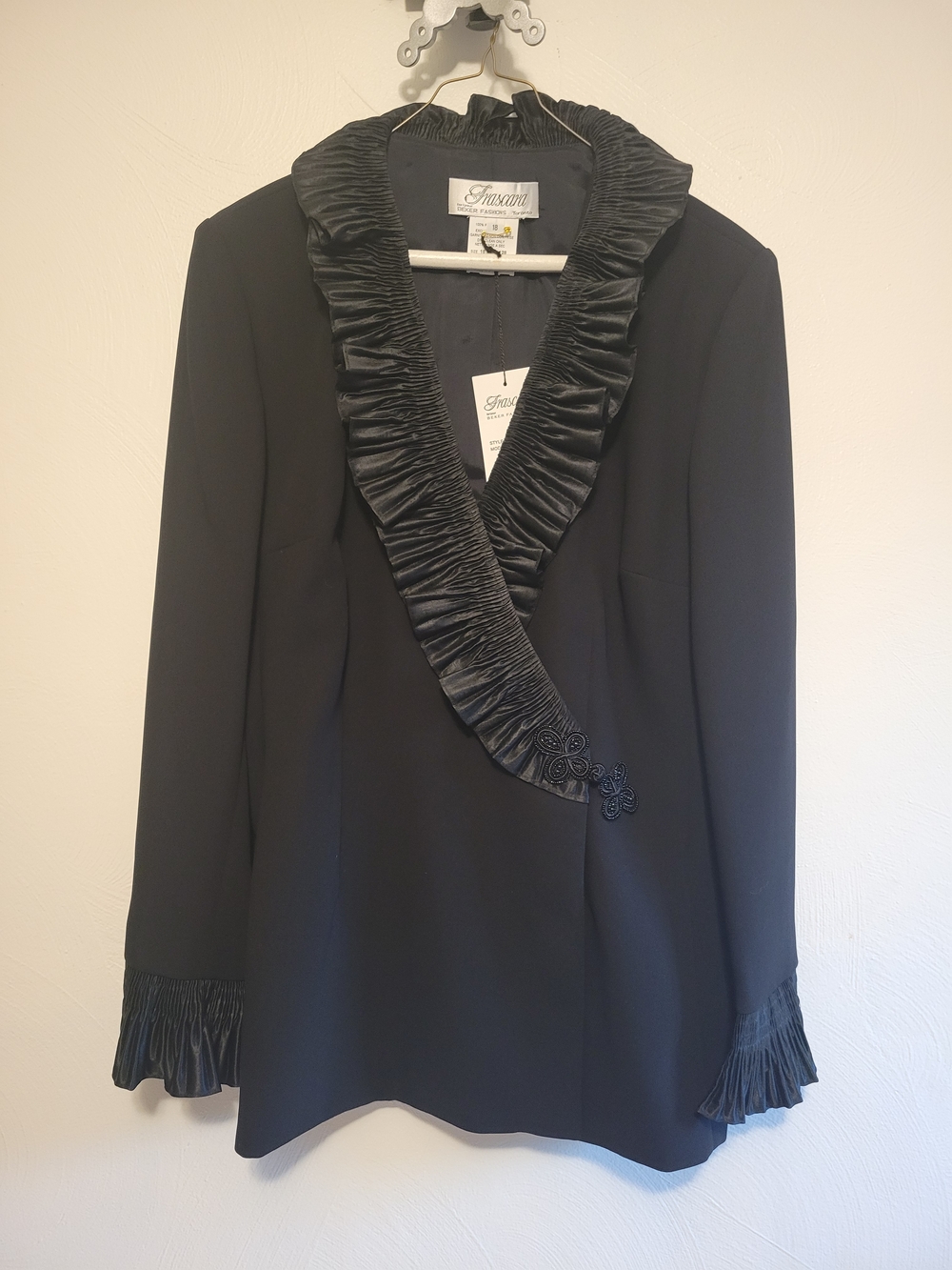 Frascara Black Blazer Jacket With Ruffle Trim New With Tags